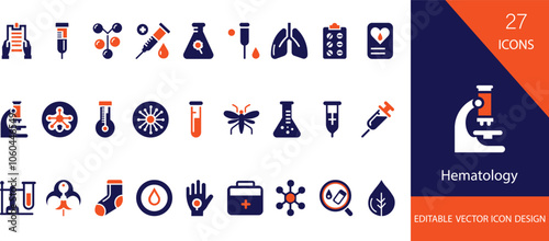 Hematology solid icon set. containing diagnostic, microscope, heart, blood, hematocrit and more vector design 