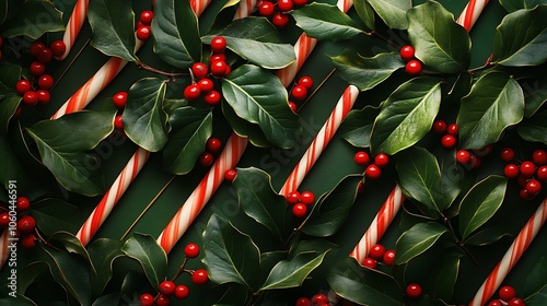 A vibrant background of candy cane stripes with lush green holly leaves and red berries scattered across, creating a festive holiday pattern. Soft lighting, bright holiday colors, photo