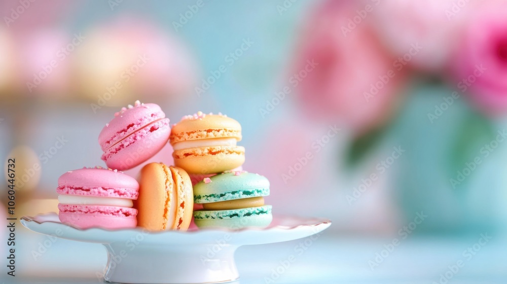 Colorful macarons arranged on a white plate, with a blurred floral background. Colorful macarons arranged on a white plate, with a blurred floral background.