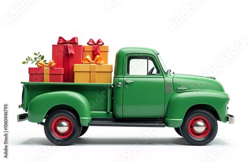 A vibrant green truck filled with colorful Christmas gifts and pine trees stands ready for holiday delivery, celebrating the spirit of New Year and Christmas in a picturesque winter wonderland photo