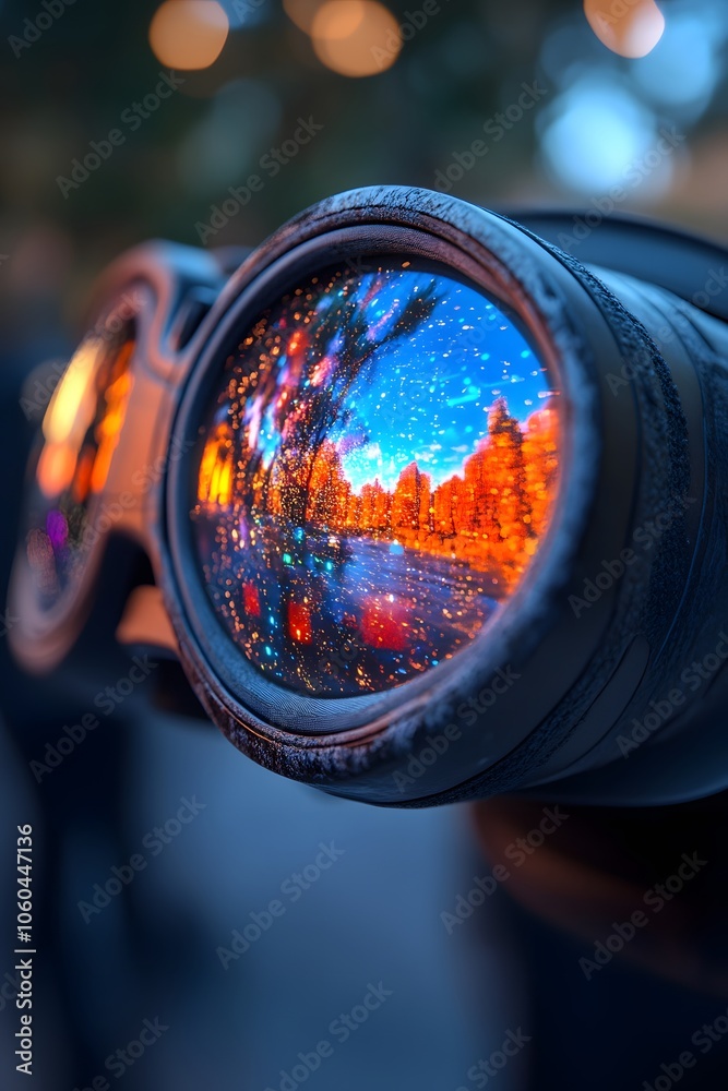 Close-up of binoculars reflecting a colorful landscape with autumn trees and water. Close-up of binoculars reflecting a colorful landscape with autumn trees and water.