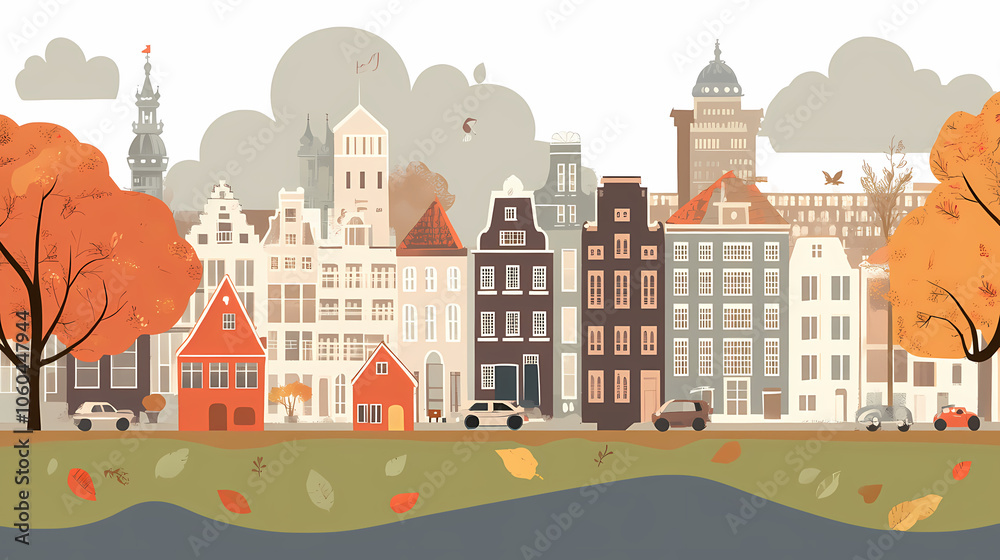 A flat design of the cityscape of Amsterdam with brown. There are several cars parked on both sides of the street under trees with colored leaves. A flat design of the cityscape of Amsterdam with brown. There are several cars parked on both sides of the street under trees with colored leaves.