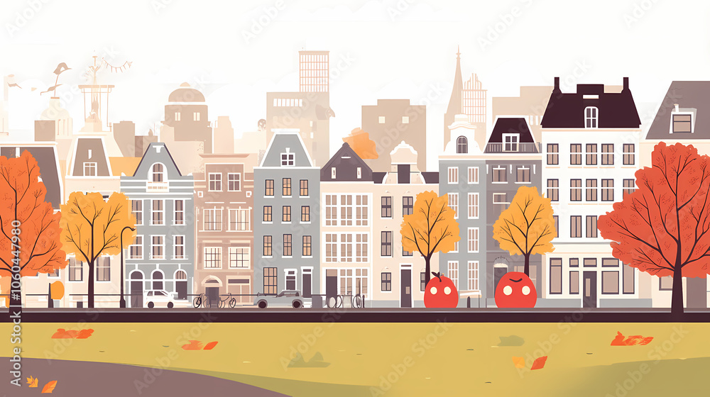 A flat design of the cityscape of Amsterdam with brown. There are several cars parked on both sides of the street under trees with colored leaves. A flat design of the cityscape of Amsterdam with brown. There are several cars parked on both sides of the street under trees with colored leaves.