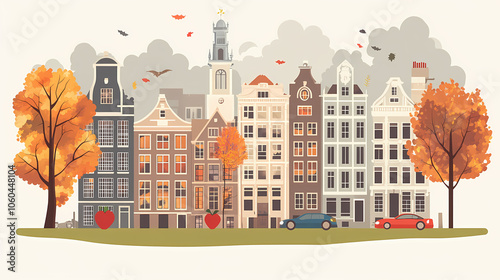 A flat design of the cityscape of Amsterdam with brown. There are several cars parked on both sides of the street under trees with colored leaves.