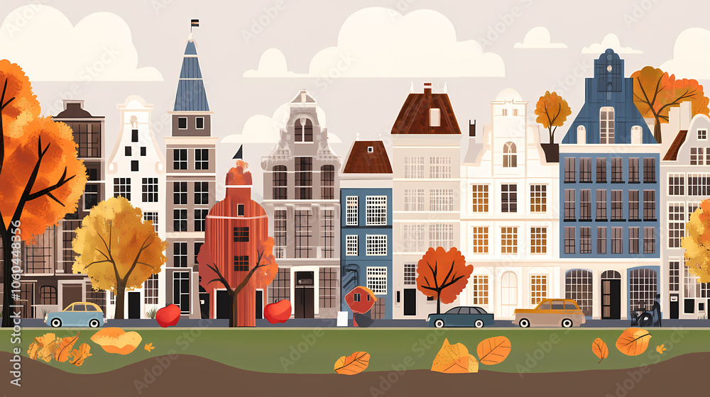 A flat design of the cityscape of Amsterdam with brown. There are several cars parked on both sides of the street under trees with colored leaves. A flat design of the cityscape of Amsterdam with brown. There are several cars parked on both sides of the street under trees with colored leaves.