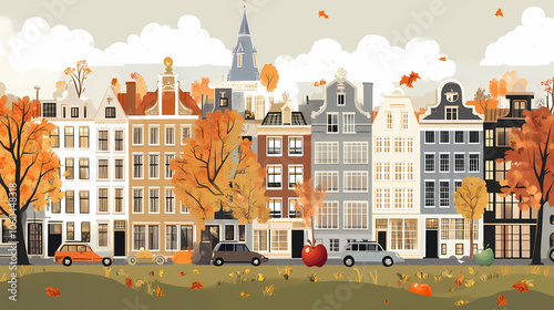 A flat design of the cityscape of Amsterdam with brown. There are several cars parked on both sides of the street under trees with colored leaves.