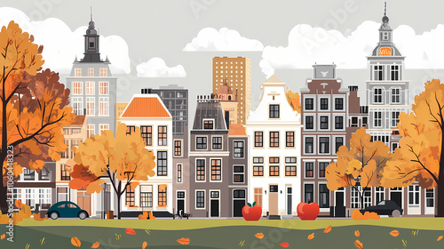 A flat design of the cityscape of Amsterdam with brown. There are several cars parked on both sides of the street under trees with colored leaves.