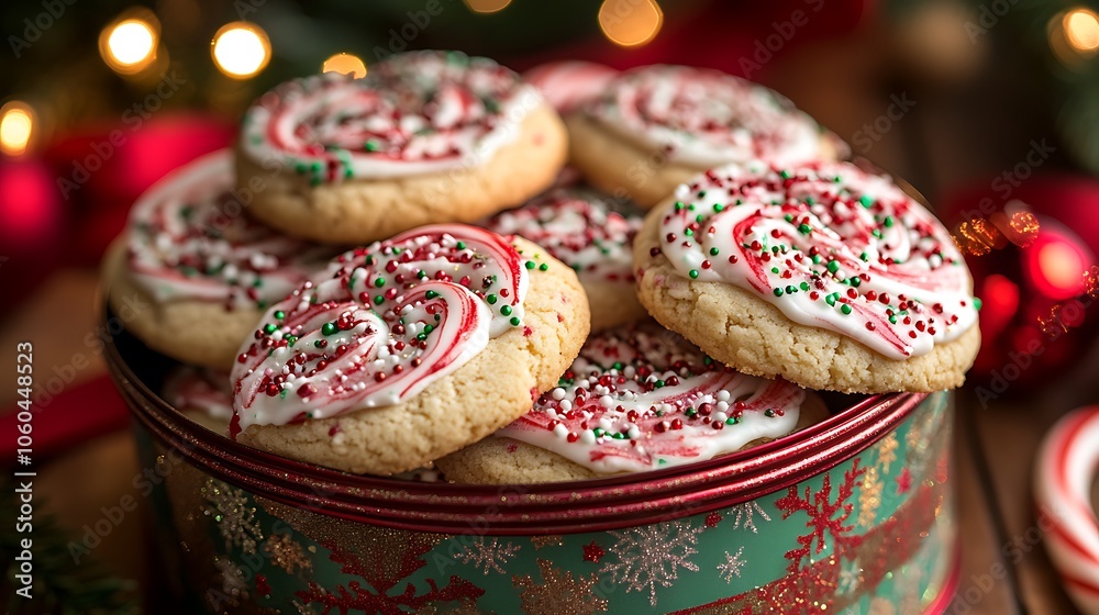 Assorted sugar cookies with candy cane borders and frosted tops with colorful sprinkles, arranged in a decorative tin with holiday ribbons and lights in the background. Cozy holiday lighting, Assorted sugar cookies with candy cane borders and frosted tops with colorful sprinkles, arranged in a decorative tin with holiday ribbons and lights in the background. Cozy holiday lighting,