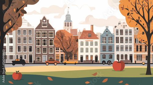 A flat design of the cityscape of Amsterdam with brown. There are several cars parked on both sides of the street under trees with colored leaves.
