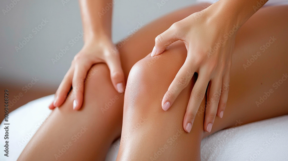 Fototapeta premium A close-up of hands gently massaging a knee, highlighting the skin's texture and the action of care and relaxation.