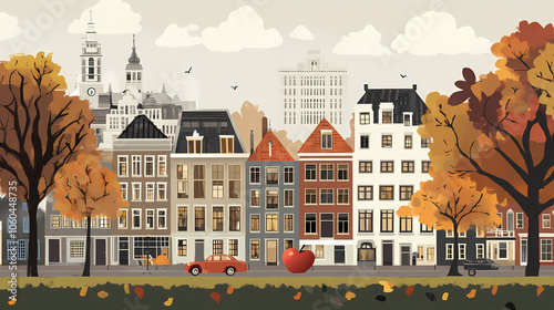 A flat design of the cityscape of Amsterdam with brown. There are several cars parked on both sides of the street under trees with colored leaves.