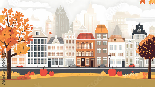 A flat design of the cityscape of Amsterdam with brown. There are several cars parked on both sides of the street under trees with colored leaves.