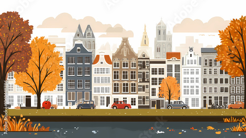 A flat design of the cityscape of Amsterdam with brown. There are several cars parked on both sides of the street under trees with colored leaves.