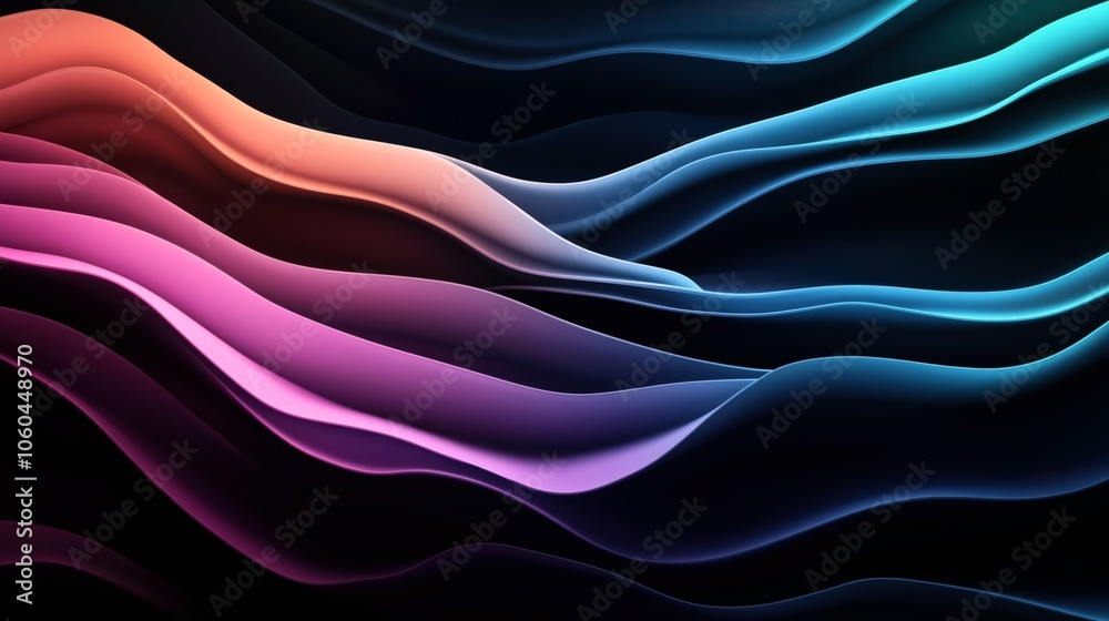 Obraz premium Abstract wavy lines in gradient colors ranging from pink to blue on a dark background, resembling fluid motion and dynamic patterns.