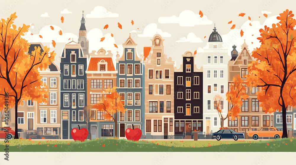 Fototapeta premium A flat design of the cityscape of Amsterdam with brown. There are several cars parked on both sides of the street under trees with colored leaves.