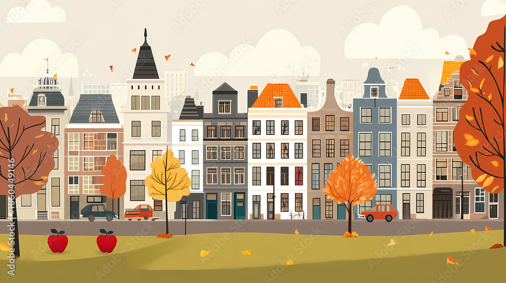 Naklejka premium A flat design of the cityscape of Amsterdam with brown. There are several cars parked on both sides of the street under trees with colored leaves.