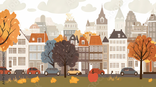 A flat design of the cityscape of Amsterdam with brown. There are several cars parked on both sides of the street under trees with colored leaves.