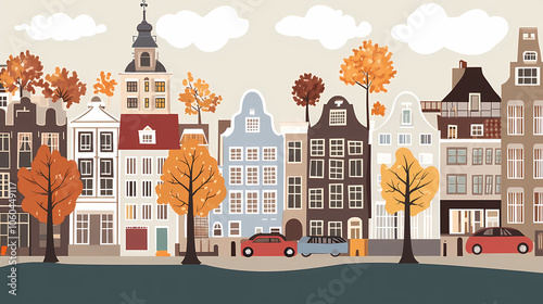 A flat design of the cityscape of Amsterdam with brown. There are several cars parked on both sides of the street under trees with colored leaves.