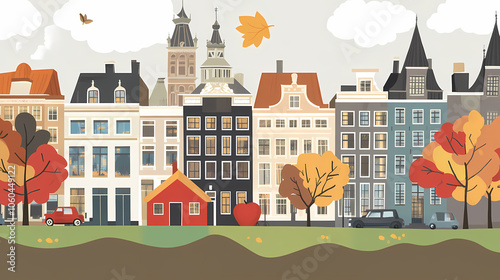 A flat design of the cityscape of Amsterdam with brown. There are several cars parked on both sides of the street under trees with colored leaves.