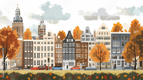 A flat design of the cityscape of Amsterdam with brown. There are several cars parked on both sides of the street under trees with colored leaves.