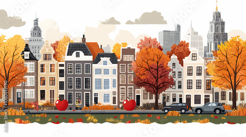 A flat design of the cityscape of Amsterdam with brown. There are several cars parked on both sides of the street under trees with colored leaves.