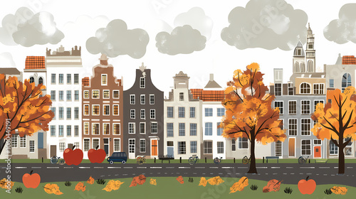 A flat design of the cityscape of Amsterdam with brown. There are several cars parked on both sides of the street under trees with colored leaves.