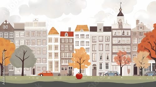 A flat design of the cityscape of Amsterdam with brown. There are several cars parked on both sides of the street under trees with colored leaves.