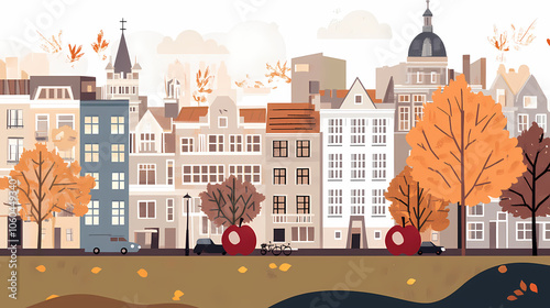 A flat design of the cityscape of Amsterdam with brown. There are several cars parked on both sides of the street under trees with colored leaves.