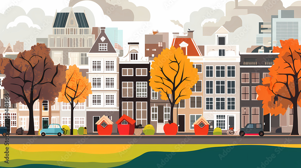A flat design of the cityscape of Amsterdam with brown. There are several cars parked on both sides of the street under trees with colored leaves.
