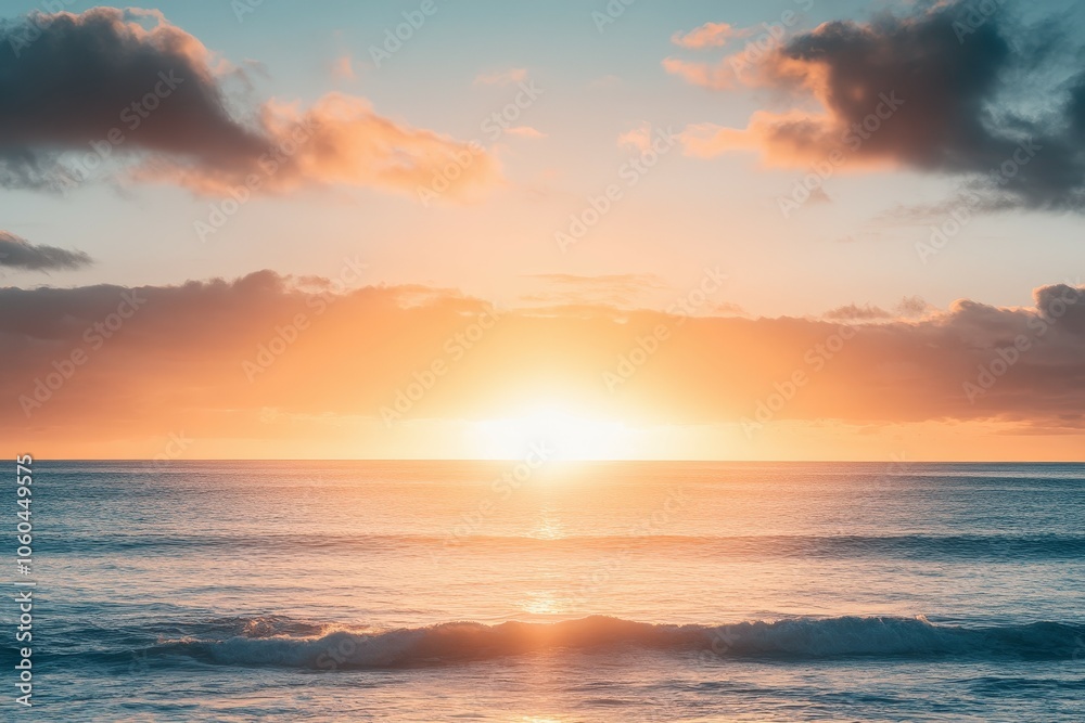 Fototapeta premium A serene sunset scene over the ocean on a cloudy day, perfect for travel or nature-themed projects. Beautiful simple AI generated image