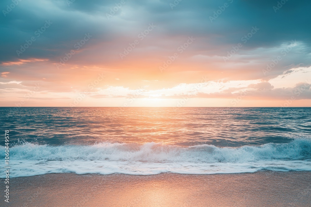 A serene sunset scene over the ocean on a cloudy day, perfect for travel or nature-themed projects. Beautiful simple AI generated image A serene sunset scene over the ocean on a cloudy day, perfect for travel or nature-themed projects. Beautiful simple AI generated image
