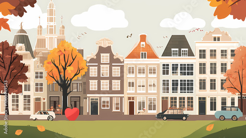 A flat design of the cityscape of Amsterdam with brown. There are several cars parked on both sides of the street under trees with colored leaves.