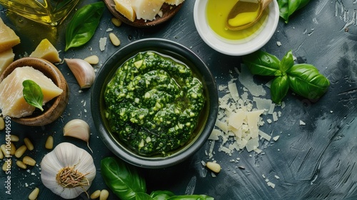 Trendy Pesto Sauce Presentation with Pine Nuts, Parmesan, Garlic, and Stylish Lighting