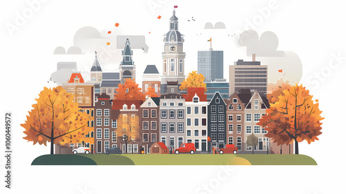 A flat design of the cityscape of Amsterdam with brown. There are several cars parked on both sides of the street under trees with colored leaves.