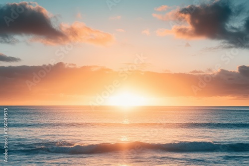 A serene sunset scene over the ocean on a cloudy day, perfect for travel or nature-themed projects. Beautiful simple AI generated image
