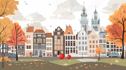 A flat design of the cityscape of Amsterdam with brown. There are several cars parked on both sides of the street under trees with colored leaves.
