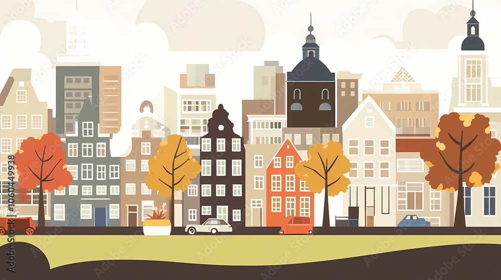 Fototapeta premium A flat design of the cityscape of Amsterdam with brown. There are several cars parked on both sides of the street under trees with colored leaves.