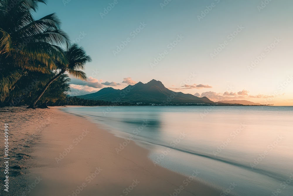 Naklejka premium A serene sunset scene over the ocean on a cloudy day, perfect for travel or nature-themed projects. Beautiful simple AI generated image