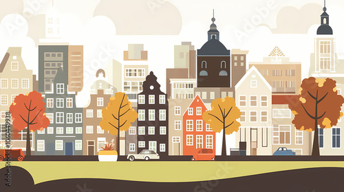 A flat design of the cityscape of Amsterdam with brown. There are several cars parked on both sides of the street under trees with colored leaves.