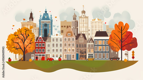 A flat design of the cityscape of Amsterdam with brown. There are several cars parked on both sides of the street under trees with colored leaves.