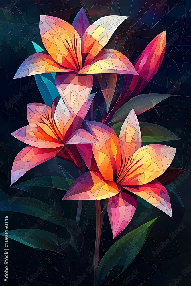 Vibrant blossoms illuminate the darkness with bright colors and geometric shapes to create a stunning floral artwork Vibrant blossoms illuminate the darkness with bright colors and geometric shapes to create a stunning floral artwork