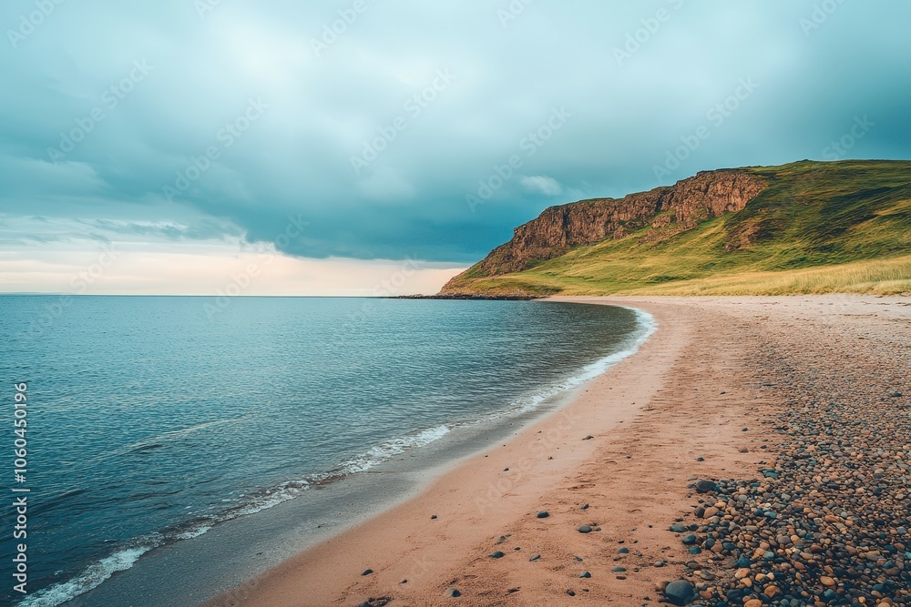 Obraz premium A serene sunset scene over the ocean on a cloudy day, perfect for travel or nature-themed projects. Beautiful simple AI generated image