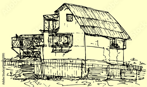 Ink drawing of a dovecote, a house with a gable roof surrounded by a fence