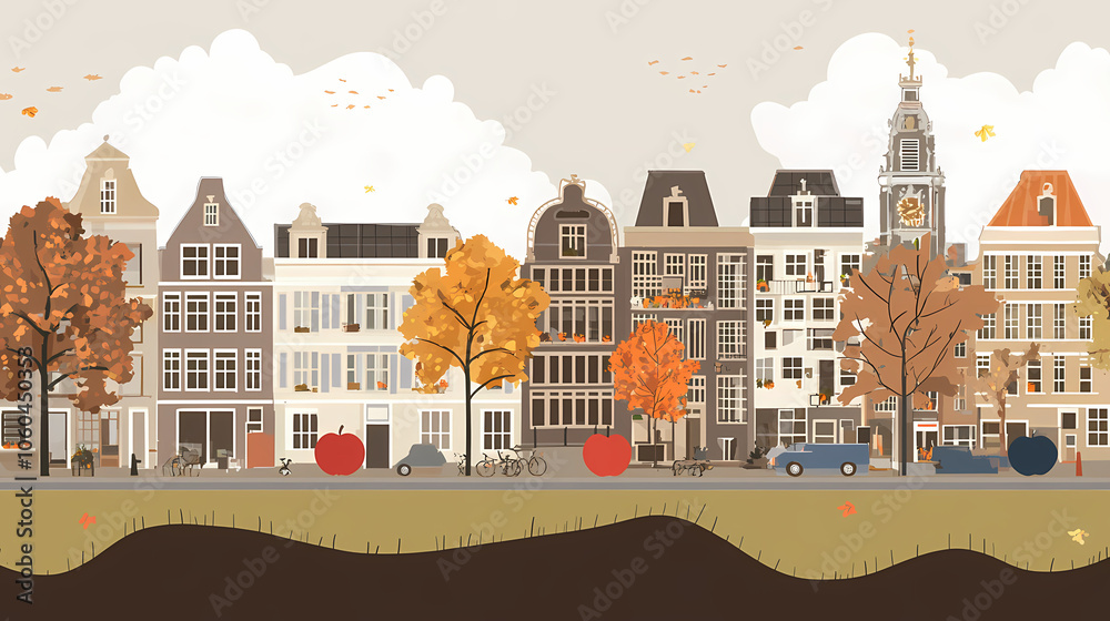 Fototapeta premium A flat design of the cityscape of Amsterdam with brown. There are several cars parked on both sides of the street under trees with colored leaves.
