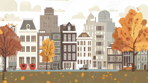 A flat design of the cityscape of Amsterdam with brown. There are several cars parked on both sides of the street under trees with colored leaves.