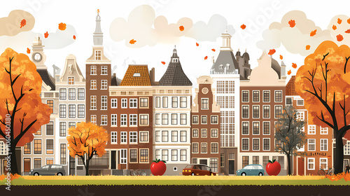 A flat design of the cityscape of Amsterdam with brown. There are several cars parked on both sides of the street under trees with colored leaves.