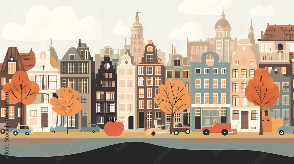 Fototapeta premium A flat design of the cityscape of Amsterdam with brown. There are several cars parked on both sides of the street under trees with colored leaves.