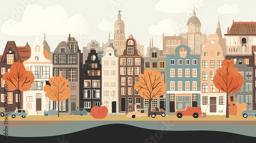 A flat design of the cityscape of Amsterdam with brown. There are several cars parked on both sides of the street under trees with colored leaves.