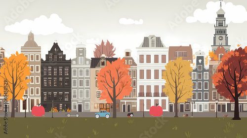 A flat design of the cityscape of Amsterdam with brown. There are several cars parked on both sides of the street under trees with colored leaves.