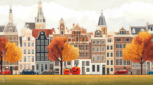 A flat design of the cityscape of Amsterdam with brown. There are several cars parked on both sides of the street under trees with colored leaves.
